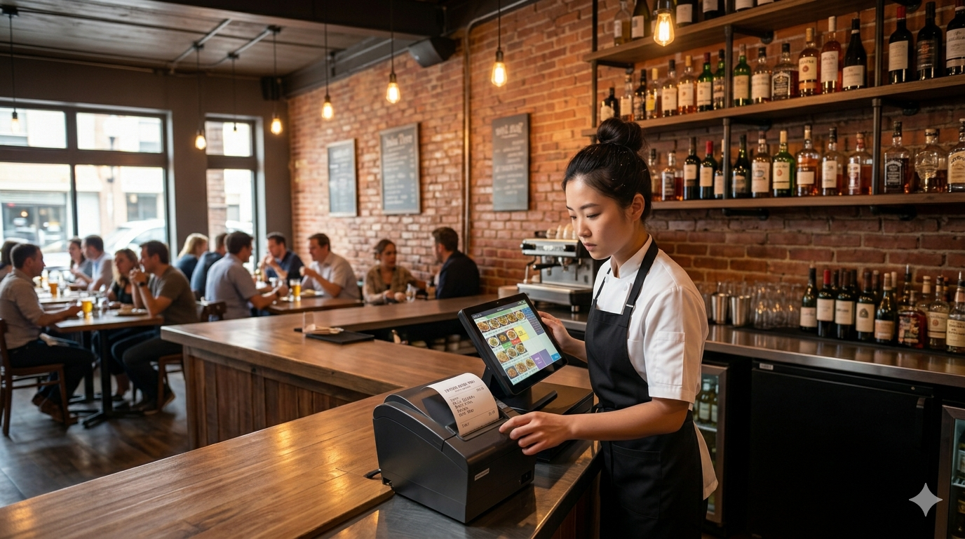 Waitress using a POS system at a restaurant